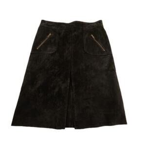 Context Vintage Suede A-Line Midi Skirt Black Zip Pockets Front Slit High Waist